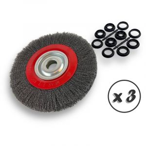 Kibros Lot de 3 brosses circulaires acier &oslash; 250 mm Epaisseur 2 rangs Fil dur 0.30 mm ondul&eacute; Al&eacute;sage 32 mm + r&eacute;ducteur bague 25/22/20/16/12 mm