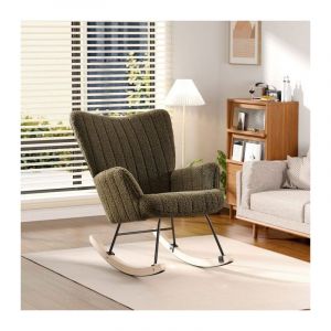 Image de Rocking chair, fauteuil &agrave; bascule rembourr&eacute; en peluche vert avec pieds en bois massif, pour salon, chambre