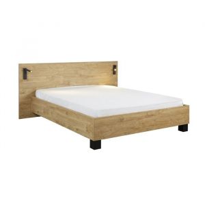 Lit adulte 160x200 collection MORGANE avec &eacute;clairage en applique orientable int&eacute;gr&eacute; - Coloris ch&ecirc;ne