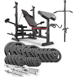 Hop-Sport Ensemble d'halt&egrave;res 116 kg et Banc de Musculation Multifonction HS-1075, Pupitre de Biceps, Papillon, Poulie haute, Set de disques de poids en fonte 31 mm, Kit de Barres d'halt&egrave;res