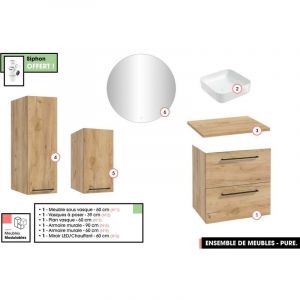 Emsemble complet de salle de bain - Meuble - Armoires - Miroir - Vasque &agrave; poser avec Siphon OFFERT PURE Oak 60 x 60 x 45 cm