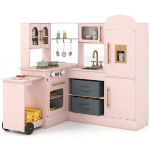 Cuisine Enfants XXL Interactif COSTWAY en Bois - 3 Ans+ avec Plateau R&eacute;tractable, Lumi&egrave;res et Sons 16 Accessoires Rose