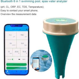 Analyseur d'eau de piscine connecté flottant - 6 en 1 - pH, chlore, EC, TDS, ORP, testeur de température
