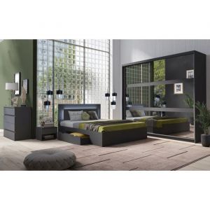 Meublorama - Ensemble chambre nofi - Lit 160x200 cm avec sommier, 2 tiroirs, chevets, armoire et commode - gris graphite