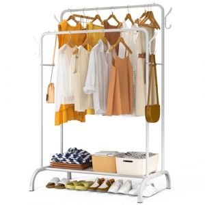 Vounot Portant à Vêtements Double Tringle avec Étagères à Chaussures et 4 Crochets Latéraux Penderie Vêtement Robuste en Métal Pour Chambre Dressing et Entrée 110x58x150cm Blanc