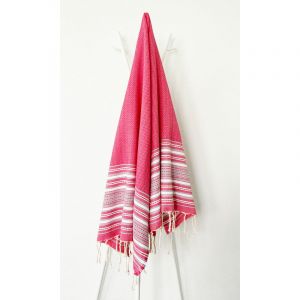 Image de La Maison d'Amélie Fouta 100 cm x 200 cm Ethnique fuchsia, bleu, gris et blanc - 100% coton - finition franges