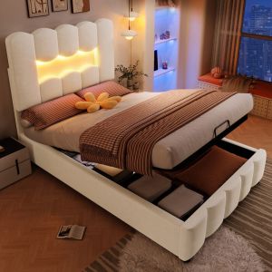 Lit coffre capitonn&eacute; 90 x 200 cm - avec &eacute;clairage LED - t&ecirc;te de lit r&eacute;glable - velours - beige (matelas non inclus)