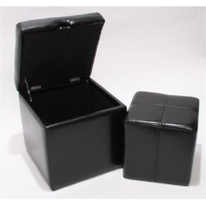 Image de Mendler Lot de 2 tabourets Onex, pouf + cube coffre, cuir, noir