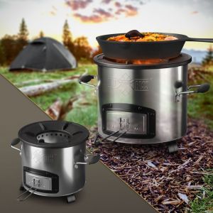 Bbq#boss - bbqboss Four de Camping en Fonte/Acier, Four-Fusée Ø26 cm, Argent-Noir, avec 2 Poignées Résistantes, Four à Bois/Charbon, Poêle à Griller