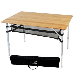 Skandika Tobro - Table de Camping Pliante en Bambou et Aluminium - Filet de Rangement, 100x65 cm - Hauteur réglable - Robuste