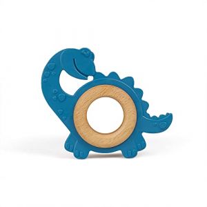 Grünspecht Jouet de dentition bio en caoutchouc naturel avec anneau en bois, aide à la dentition et jouet, masse les gencives, sans BPA, favorise la motricité fine, dinosaure, bleu (688-00)