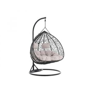 Fauteuil suspendu 2 places en r&eacute;sine tress&eacute;e - Noir avec coussins gris - CAYAMBE de MYLIA