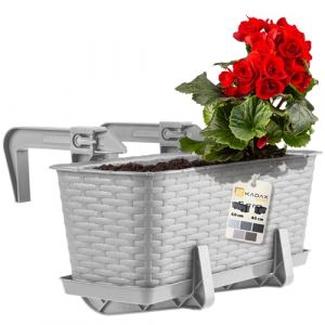 Jardini&egrave;re Suspendue Ext&eacute;rieure 40 cm, Balconni&egrave;re en Plastique Aspect Rotin avec Supports de Fixation Int&eacute;gr&eacute;s et Soucoupe (Gris) - Kadax