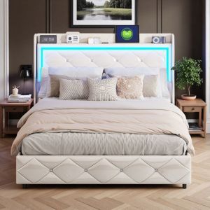 Cadre de lit 140x190 cm avec USB/Type-C - PU Blanc - Moderne - Ideal pour la maison - Sommier - Lit adulte 140x190 cm