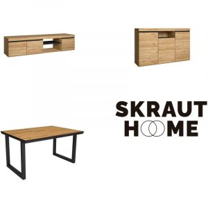 Skraut Home - Ensemble de meubles de salon | Table 140 Front Noir pieds U 6 convives | Meuble TV 160 | Buffet 140 | Chêne et Noir