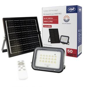 PNI Greenhouse WS50 PRO Projecteur LED 50 W avec panneau solaire 6 W, batterie 5000 mAh, 800 lm, contr&ocirc;le &agrave; distance, minuterie et luminosit&eacute; r&eacute;glable, 6500 K, IP65, noir
