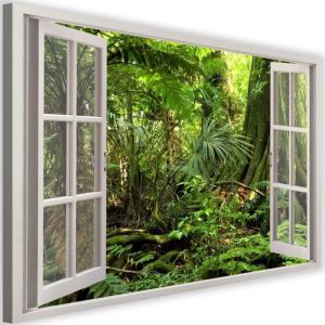 Tableau Décoration Murale Fenetre Jungle 60x40 cm Impression sur Toile Foret tropicale plantes exotiques Tableaux intissee