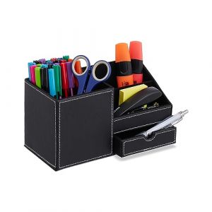 Relaxdays Organiseur pour Bureau, 3 Compartiments & tiroir, H x L x P : 12x22,5x11 cm, Range-Crayons, Noir - Blanc