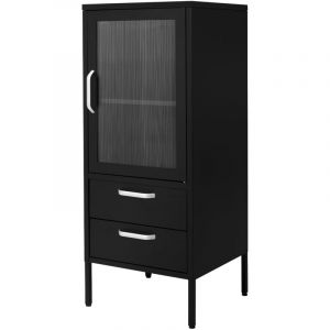 Armoire Vitrine 42x102x40cm, Noir, Vitrine Métallique avec 2 Étagères/Casiers, Bibliothèque à Dossiers, 1 Porte et 2 Tiroirs, Style Industriel,