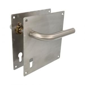Amig - Jeu de poign&eacute;es avec plaque pour porte | Poign&eacute;e avec serrure &agrave; cl&eacute; &agrave; 85 mm | Mod. 4CB85 | Acier inoxydable 18/8 | 180 x 180 mm | Carr&eacute; de 8 mm | Argent&eacute; mat