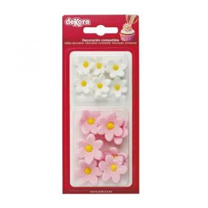 Dekora Boîte de 7 Marguerites Blanches et 7 Marguerites Roses en Sucre - Figurines Comestibles pour Gâteaux - Décoration en Sucre pour Gâteaux d'Anniversaire