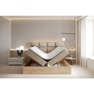 Lit adulte 140x200 cm selva avec rangement, matelas ressorts ensach&eacute;s et surmatelas - tissu velours - beige