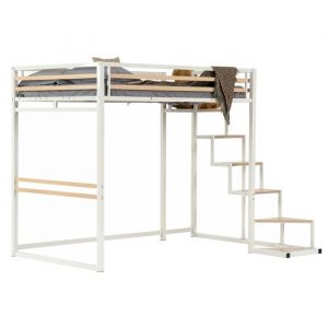 Meubles Cosy Lit Mezzanine 2 Places Sans Matelas - Style Industriel Métal Blanc Et Effet Chêne - Sommiers Inclus - 140 X 200 Cm