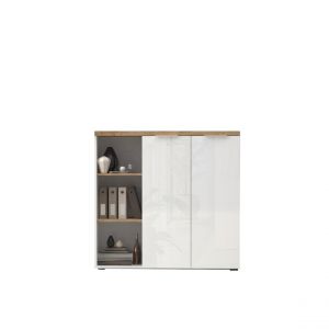 Meuble de bureau bas 2 portes 2 étagères niche avec 2 étagères chene poigné métal EASY