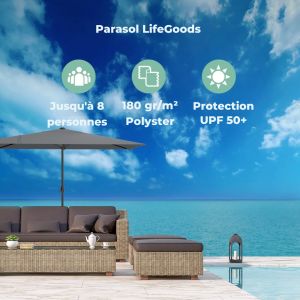 LifeGoods Parasol flottant - jusqu'&agrave; 8 personnes - &Oslash;300cm - imperm&eacute;able - avec housse et base en croix - jardin ou plage - Gris fonc&eacute;