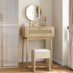 Coiffeuse avec miroir et rangement, meuble de salon chambre, 1 tiroir en rotin 4 pieds, coloris naturel, mdf, 60&times;50&times;128cm
