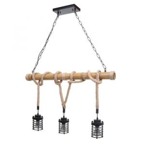 Décoshop26 Lampe à suspension lustre style ndustrielle vintage bambou corde métal noir 3x Abat-Jour cage 040004045