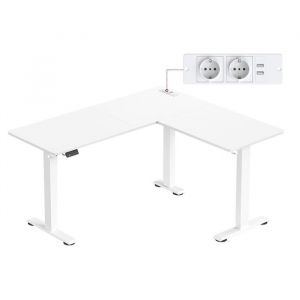 Bureau &eacute;lectrique r&eacute;glable en hauteur table d&rsquo;angle en L 140 x 160 cm avec multiprise fonction m&eacute;moire 2 hauteurs pour t&eacute;l&eacute;travail blanc