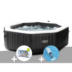 Intex Kit spa gonflable PureSpa Carbone octogonal Bulles et Jets 6 places + 12 filtres + Aspirateur