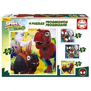 Educa Lot de 4 Puzzles progressifs pour Enfants de 12 à 25 pièces. Dino Spidey. Dimensions : 16 x 16 cm. Recommandé pour Les 3 Ans et Plus (20343)