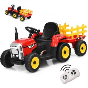 Tracteur Électrique Enfant 12V 7Ah- GOPLUS - avec Télécommande et Remorque Amovible - Charge 30KG - Effet Musique/Sonore - Rouge
