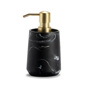 Wadiga Distributeur de Savon en Polyrésine Noire Effet Marbre et Métal Doré
