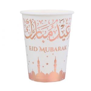 10 Gobelets Carton Eid Mubarak 27cl Or Rose Neuf