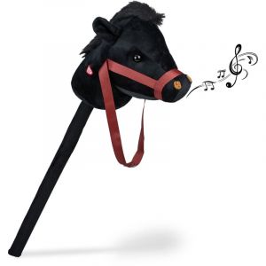 Relaxdays Cheval à bâton, tête de Cheval, Effet sonore, en Peluche et Plastique, 68 cm, Jouet Enfants, Noir