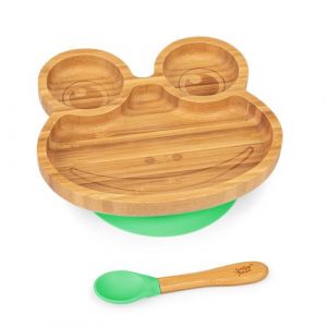 Klarstein Vaisselle pour enfants assiette en bambou, cuill&egrave;re 250 ml et ventouse 18 x 18 cm - Vert