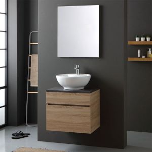 Kiamami Valentina MEUBLE DE SALLE DE BAIN EN CH&Ecirc;NE ET PLAN EN BOIS ANTHRACITE AVEC LAVABO D'APPUI ROND - SOLE - KVStore