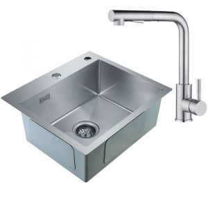 Cecipa 2 en 1 Évier de Cuisine avec 1 Bac Inox 50 x 45 x 18,5 cm + Robinet de Cuisine Inox Extractible (Sans distributeur de savon)