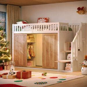 Lit mezzanine enfant 90 x 200 cm - Avec penderie - Escalier de rangement - Avec éclairage LED - Blanc + naturel(matelas non inclus)