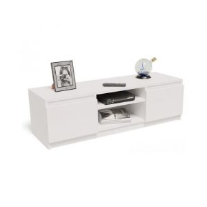 Meuble TV Blanc - Banc TV, Table TV avec 2 portes et 2 étagères - 120 x 40 x 36 cm