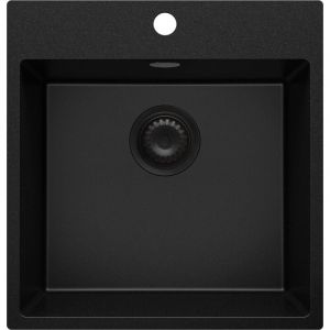 Primagran - vier Cusine en Granit 48x50 cm, Lavabo Cuisine 1 Bac + Kit de Vidage, Évier au meuble 50cm, Évier à Encastrer de Tout Noir