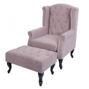 Mendler Fauteuil Chesterfield, fauteuil relax, fauteuil club, fauteuil &agrave; oreilles, tissu/textile hydrofugerose clair avec pouf