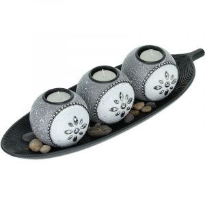 Relaxdays Porte-bougies lot, 3 bougeoirs rond pour bougies chauffe-plat, plateau forme feuille, pierres, gris-noir
