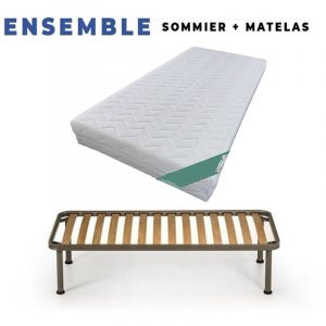 Image de Lot de 2 Matelas 90x200 + Sommiers + pieds + 2 Protèges Matelas Offerts Mousse Poli Lattex Indéformable Déhoussable Housse Lavable Hauteur 19 cm