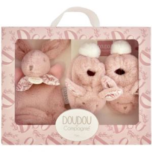 Doudou et Compagnie Coffret chaussons et doudou lapin ROSE Doudou & Compagnie