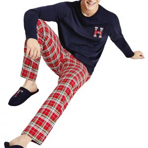 Image de Tommy Hilfiger LS Pant Flannel Slipper Set, taille XL, homme, bleu rouge &agrave; carreaux