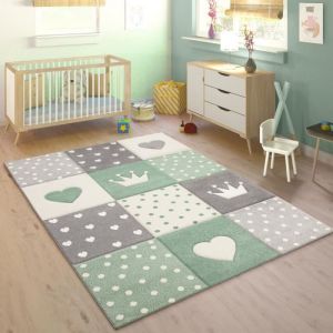 Paco Home - Tapis Enfant Chambre Enfant Carreaux Pois C&oelig;urs &Eacute;toiles Vert Pastel Gris 120 cm rond